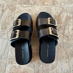 Madden Girl Black Slides with Gold Accents